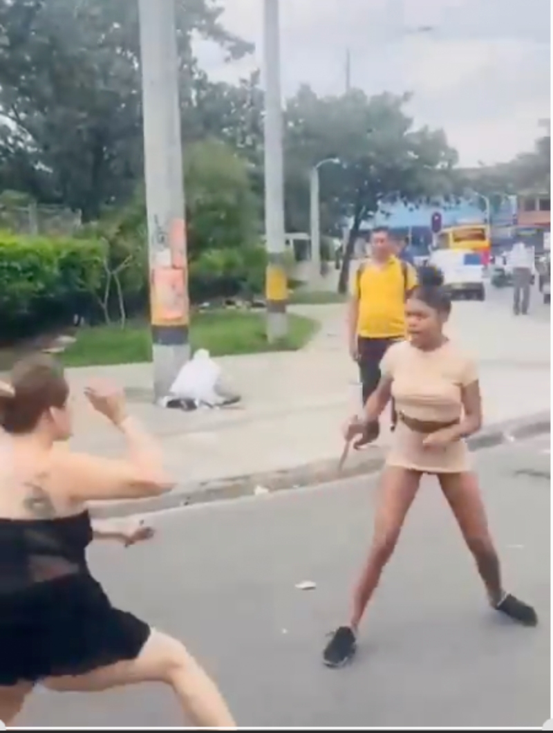 哥伦比亚某市中心两女子持刀互搏1