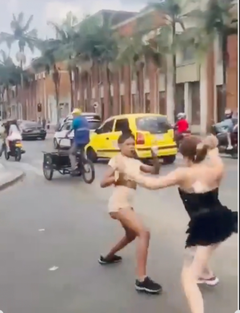 哥伦比亚某市中心两女子持刀互搏2