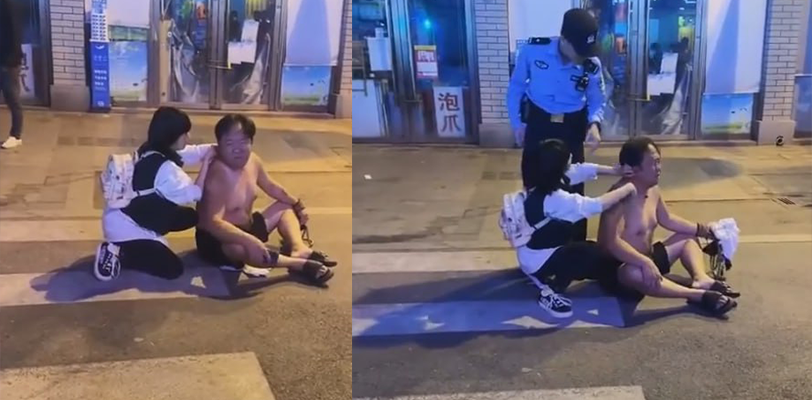 浙江金华万盛南街一油腻大叔性骚扰女孩反被女孩制服 当场将油腻男衣服扒光跪趴在地!