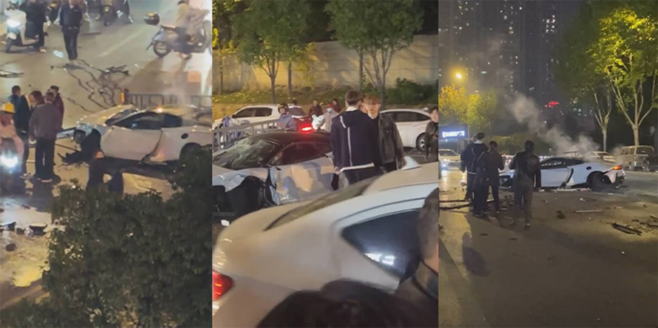 江西九江迈凯伦深夜飙车翻车!精神小伙租车狂撞护栏 车头砸烂碎片满天飞
