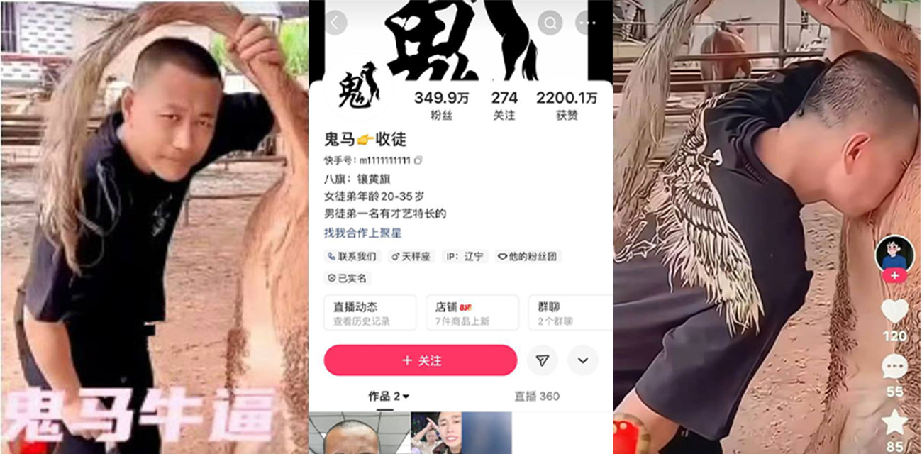 炸裂!快手网红 鬼马 在直播间当着众多观众的面去亲牛的逼,这么低俗的直播都不封?