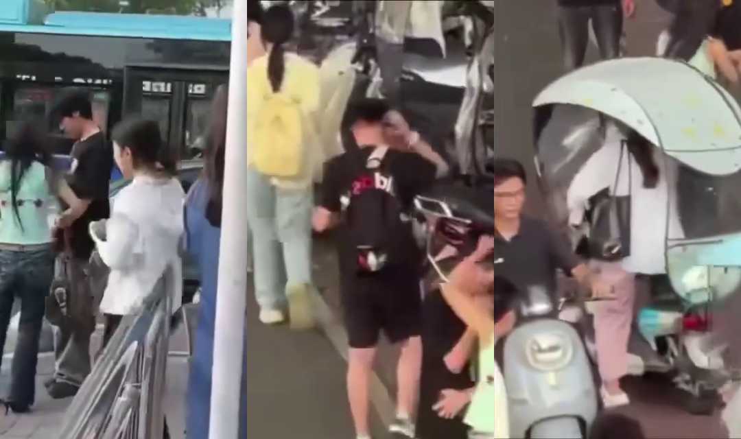 出轨男遭绿衣正牌女友 当街扇耳光 几个巴掌打懵真够呛