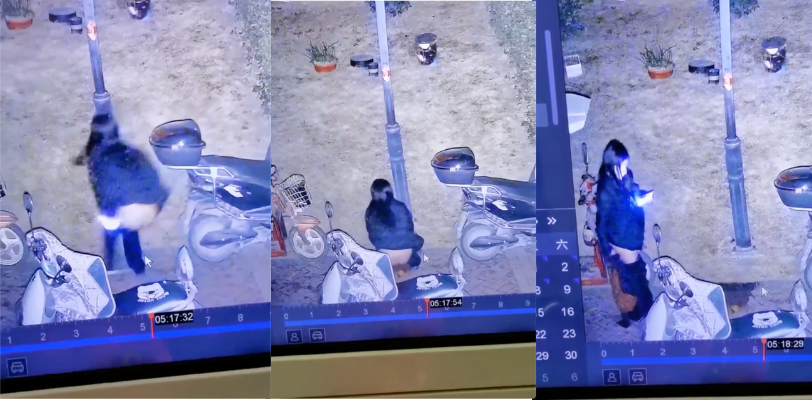 这小姐姐素养直接掉地上了!随地拉屎不算还拿人家电动车上的衣服擦屁股!