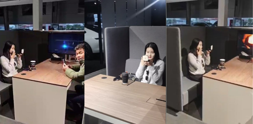 南宁某4S店买车奇葩吃瓜事件!女子一直重复动作和言语:我的咖啡好了吗?