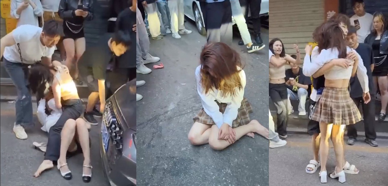 大街上一妇女抓着一年轻女子暴打 走前一看才知道是老公出轨被原配抓!