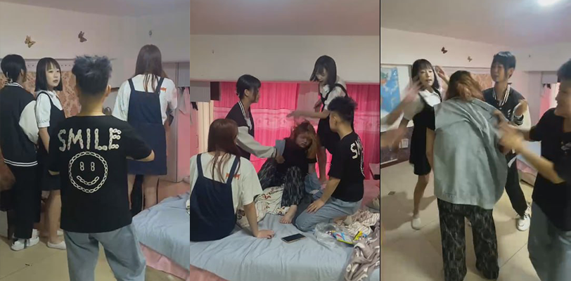 黄毛胖妹被一群精神小妹在宾馆殴打霸凌,巴掌直接往脸上后脑勺招呼