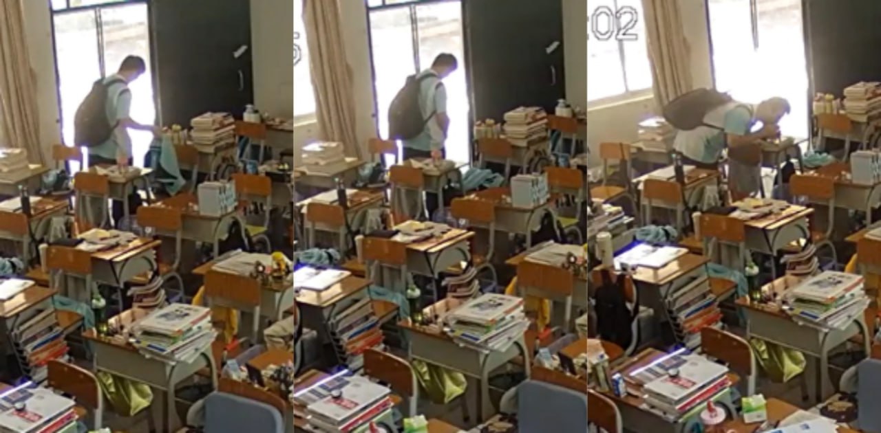 好变态!广东华侨中学一高三男生趁全班没人 拿同班女生衣服打飞机 还喝光了好几个女生的水!