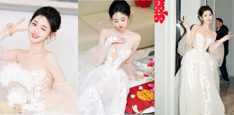 00后白嫩小淫妻酷似赵丽颖,颜值完全不输一线明星,雪白的婚纱底下暗藏着一个漆黑的吃人鲍!