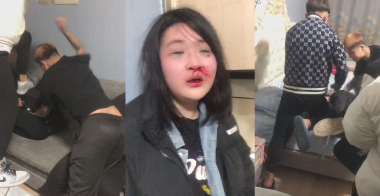 两男两女被一群精神小伙小妹给狂欧五分钟!打的满脸血还不将其放过!