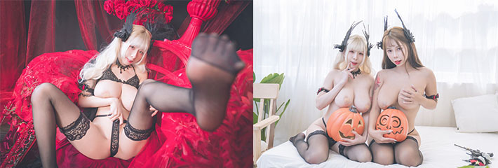 【万圣节系列】巨乳堕落天使艾妃&菲儿万圣之夜极致揉乳致命挑逗!!