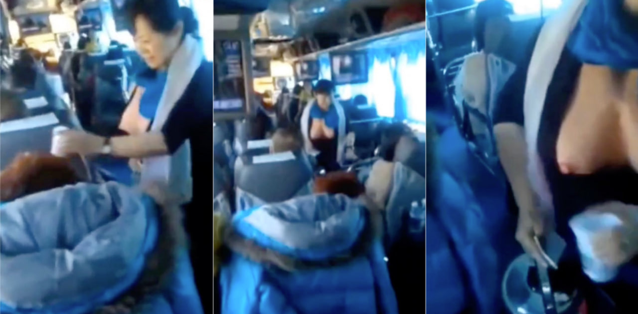 长途客车上阿姨一边露出奶子一边服务者乘客倒水!