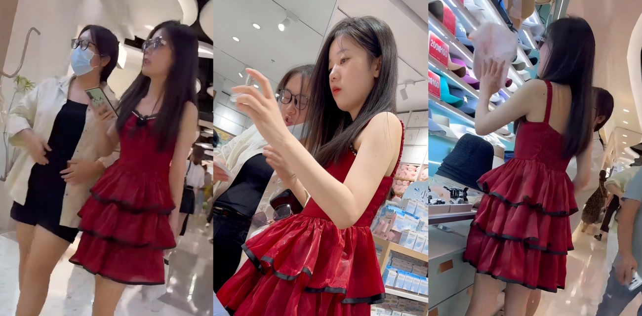 户外露出极品!红裙小姐姐商场逛街 裙底风光全曝光 翘臀鲍鱼超吸睛