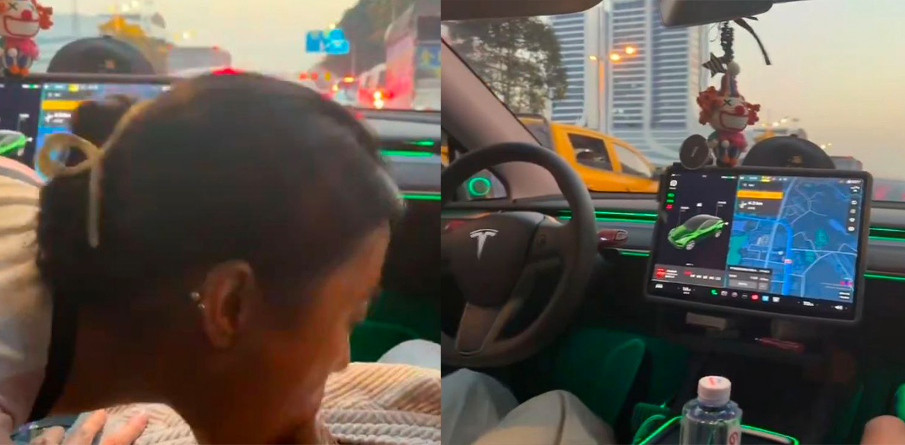 现在的小情侣怎么越来越大胆了!特斯拉女车主还开着车呢 就得抽空给副驾的男友打飞机口交!