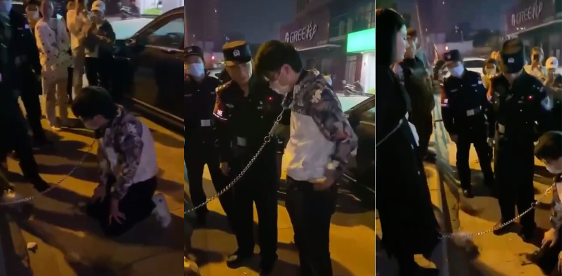 废物男当狗套上狗链子让自己女朋友牵着大街上遛圈,连民警都看不下去了!