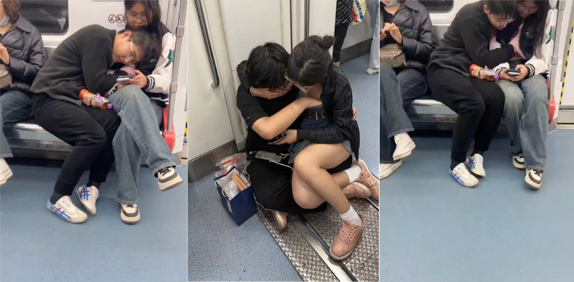 地铁上一饥渴小情侣椅子上摸奶子被拍!这是当别人都是空气吗这么豪放?