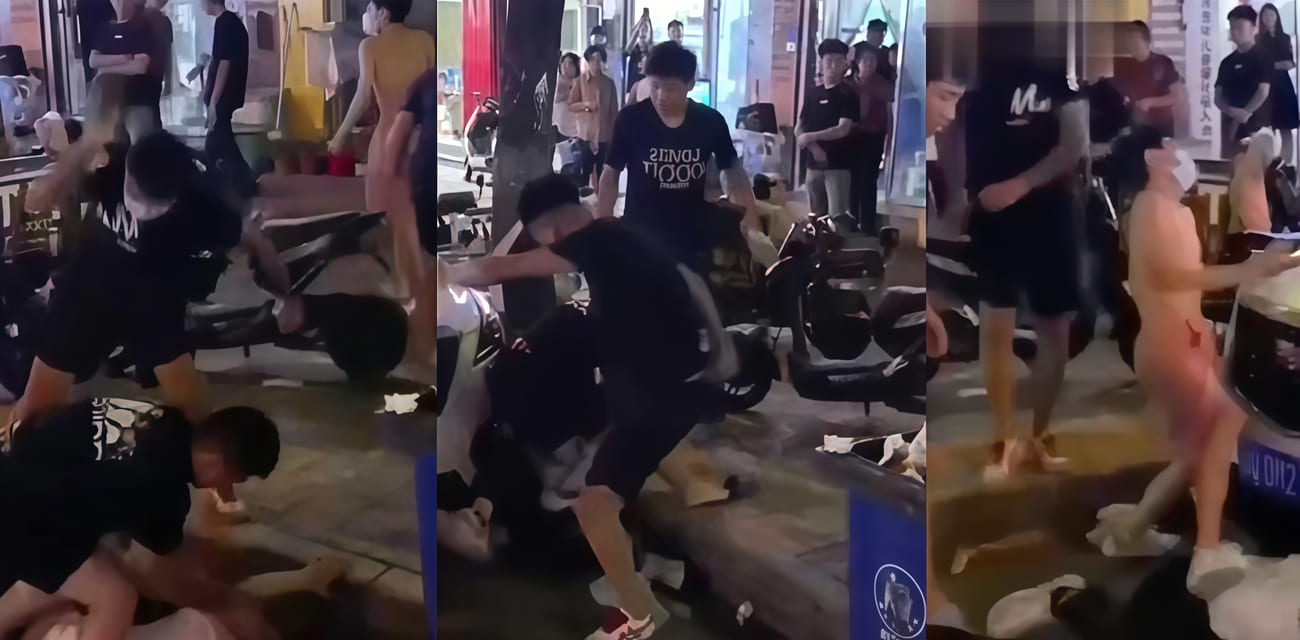 街头群殴冲突现场流出 男子光膀穿粉短裤参与互殴 现场混乱多人围观