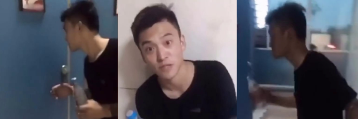 女厕所隔间突发表白恶搞 蹲坑拉到一半被深情告白 妹子吓到屎都夹断 提裤踹门追打变态男笑喷全场！