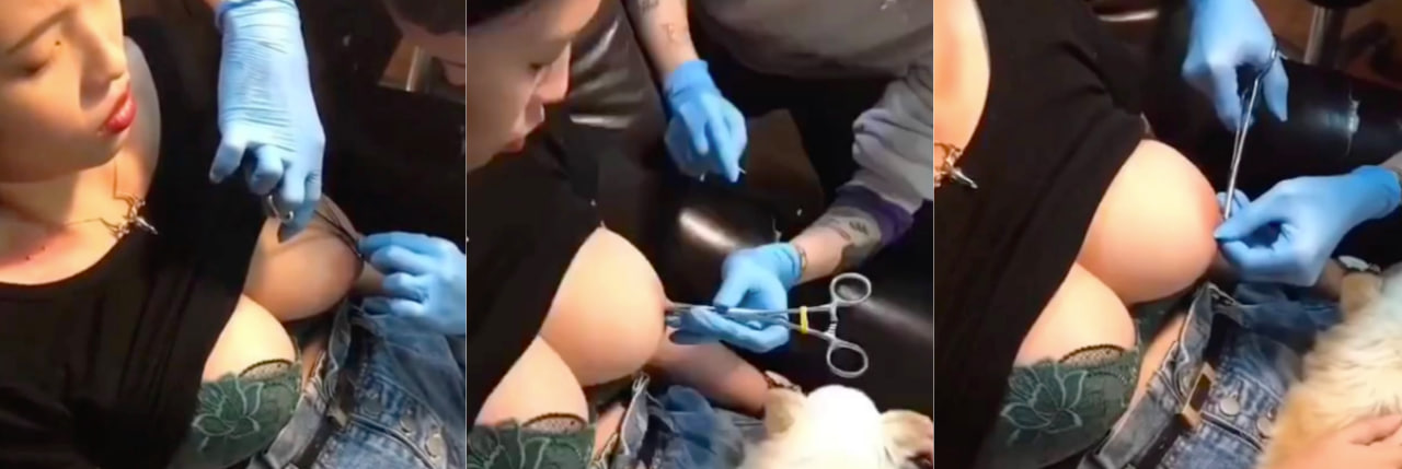 震惊！巨乳妹子直播穿乳环！第一视角带你看针穿乳头～