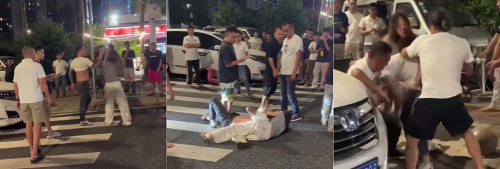 街头大排档 多人当街打架乱斗 眼见男友被殴打妹子是有事真上 拿命护男友