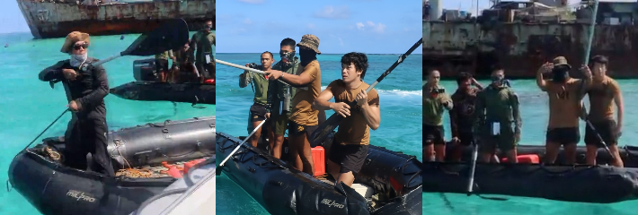 南海仁爱礁冲突 菲律宾橡皮艇冲撞中国海警 菲方人员先用划桨长棍攻击