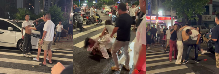 深夜街头吃瓜 两位大哥酒后失控 妹子上前劝架被打满脸血 围观群众纷纷拍照