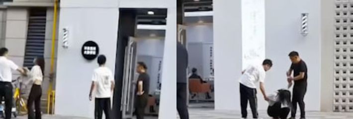 原创美学美发店前小仙女对男子得寸进尺!该男子忍无可忍将其撂倒!