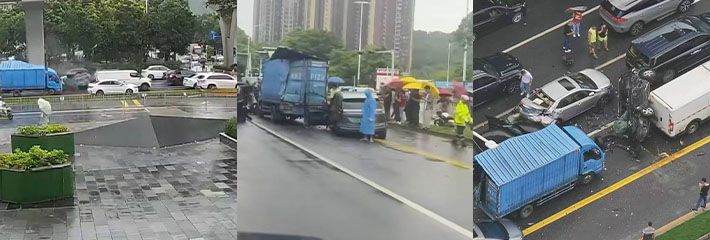 深圳荷坳地铁站 发生重大交通事故 直接把前面的车撞飞了 这开的得多快啊