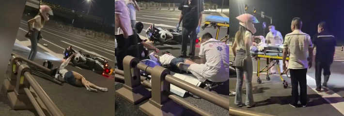 机车女骑翻车 穿牛仔短裤无防护倒地 腿估计都得断 这种行为太不安全了