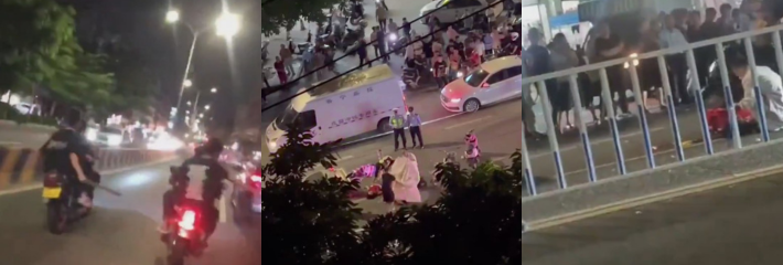 广东普宁区流沙西街道一群鬼火少年手持砍刀街头狂飙 当场砍死一男一女极其恐怖!