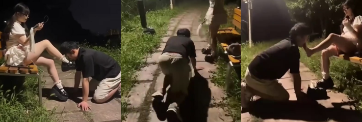 舔狗的日常 公园里女主人调教舔狗 狗链 跪爬 舔脚 打脸 反差爆棚