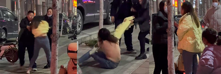 青岛街头原配硬核抓小三,衣服都被脱光了,还知道用手遮一下