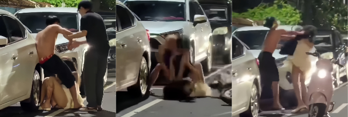 深夜街头赤膊男狂扇连衣裙女子耳光 情侣疑似出轨闹翻天 女子跪地死抓男腿不放