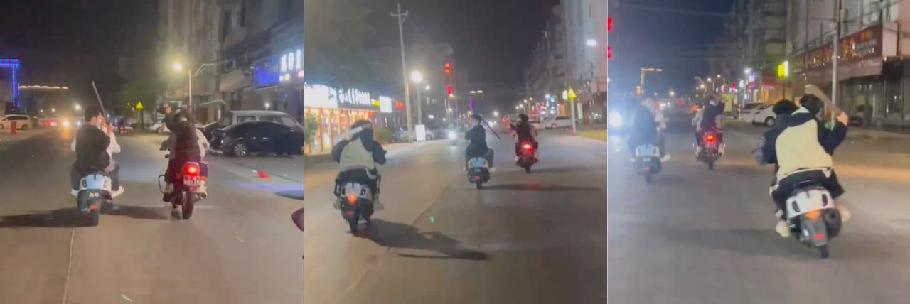 长春一马路上演精神小伙大场面干架!脚踏鬼火手持长刀万里追车疯狂挥舞长刀殴打他人!
