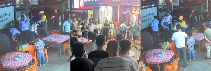南京江宁区皖城烧烤店 老板当街打翻外卖小哥 警察到场后监控大曝光