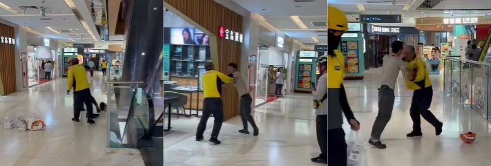 商场两外卖小哥不知缘由互殴 各种飞毛腿大逼兜互打 让两边各走各的惊呆众人！