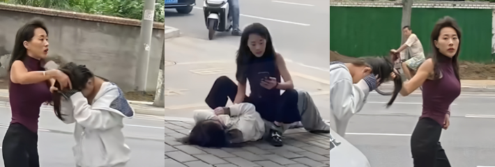 学生妹当小三被原配当街撕逼 抓头发后骑在身上狂扇巴掌 场面失控众人围观