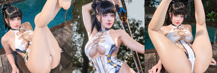 推特极品Cosplayer Byoru 化身星之刃 Eve 泳装 油亮紧身高叉爆乳翘臀湿身诱惑 写真合集