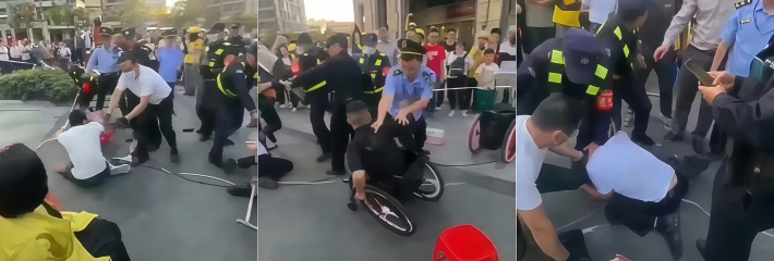 广州多名城管手持盾牌钢叉殴打残疾人 现场警察旁观 让人愤怒上头