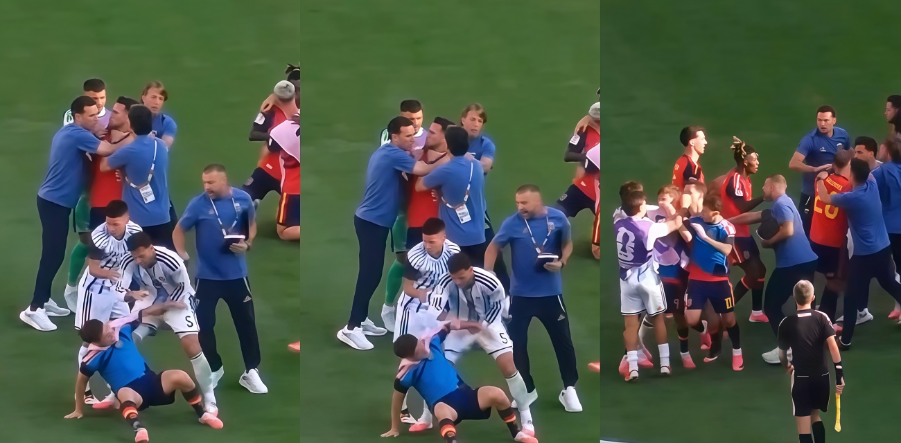 2026美加墨世界杯西班牙捧杯 阿根廷1-0惜败 帕雷德斯怒推对手挥拳 网友痛批输不起