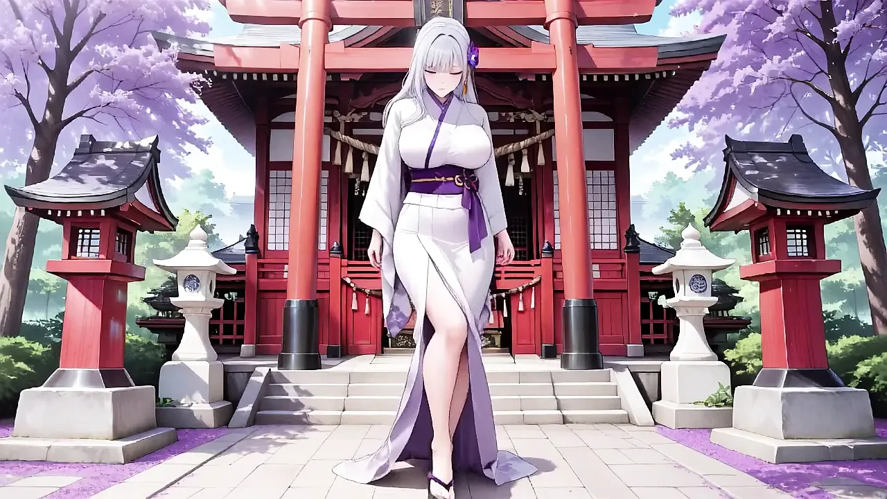 银发熟女神社的秘密! 半解开按钮的白色和服, 跪着的姿势和激烈的眼神交流.