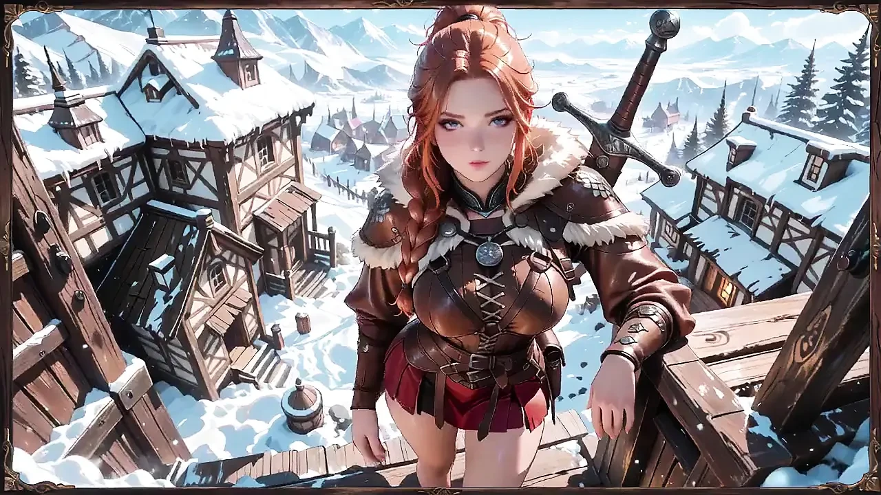 雪中的红发战士! 中世纪村庄的禁忌皮革装甲诱惑. 冷女王解开她的装备并变得狂野!